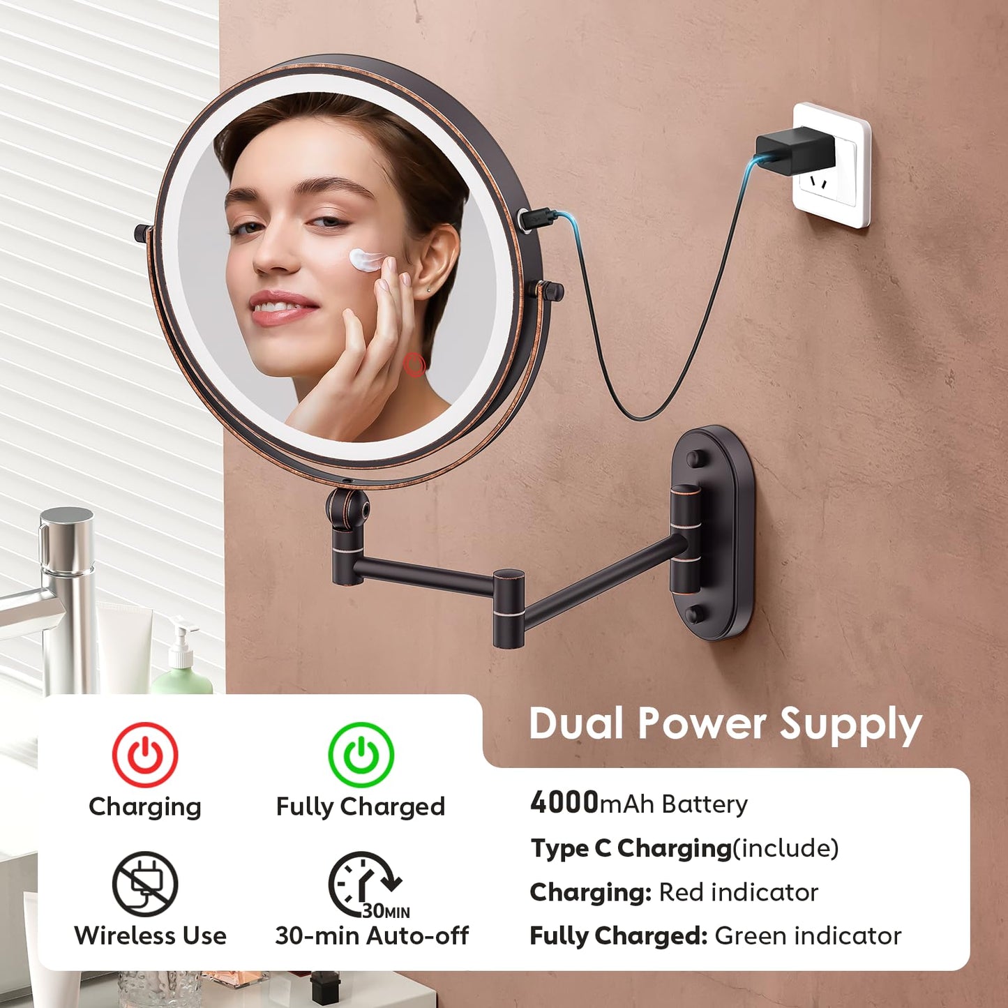 9" Wall Mounted Lighted Makeup Mirror,4000mAh Rechargeable Double Sided 1X/10X Magnifying Mirror with Light,3 Color Lights,Touch Dimmable,Extended Arm 360 Rotation Wall Mounted Makeup Mirror