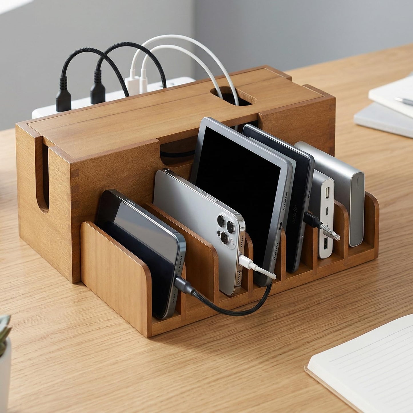 Gdfjiy Charger Organizer, Wooden Family Charging Station Organizer for Multiple Devices, Cable Management Box with Magnetic Lid, 7 Compartments Cell Phone Stand Tablets Holder, Desk Dock Space-Saving