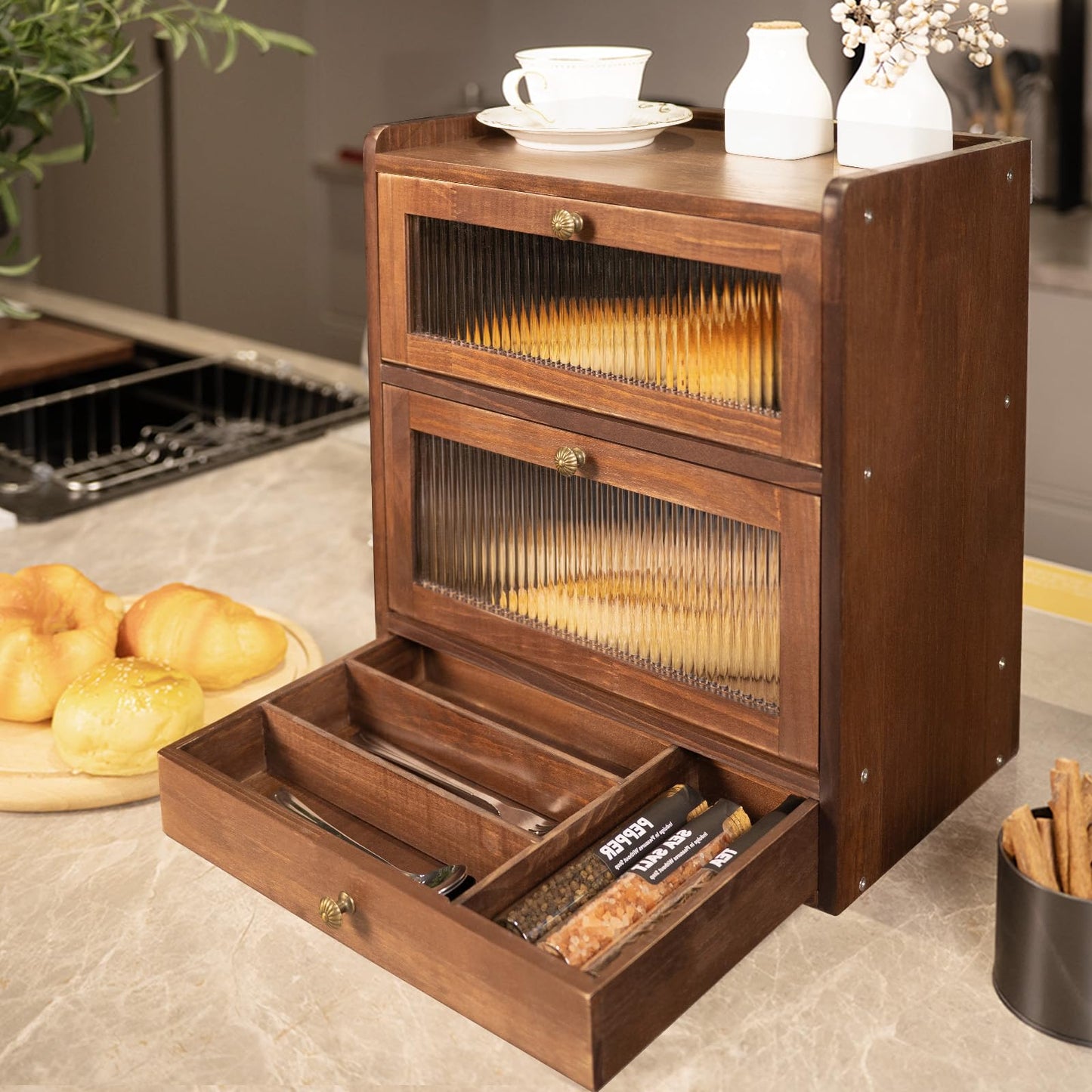 CheerNest Solid Wood Bread Box and 3 Tier Coffee Bar Rack for Kitchen Countertop, Brown