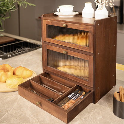 CheerNest Solid Wood Bread Box and 3 Tier Coffee Bar Rack for Kitchen Countertop, Brown
