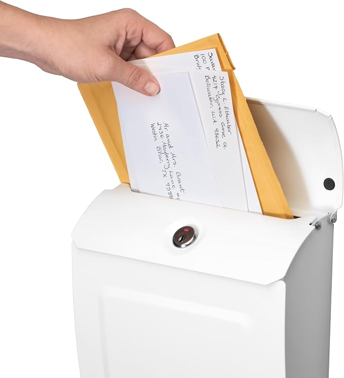 Architectural Mailboxes Aspen Locking Wall Mount Mailbox, White, Small | Galvanized steel build with a concealed lock and key drop box and weather-resistant outdoor construction.