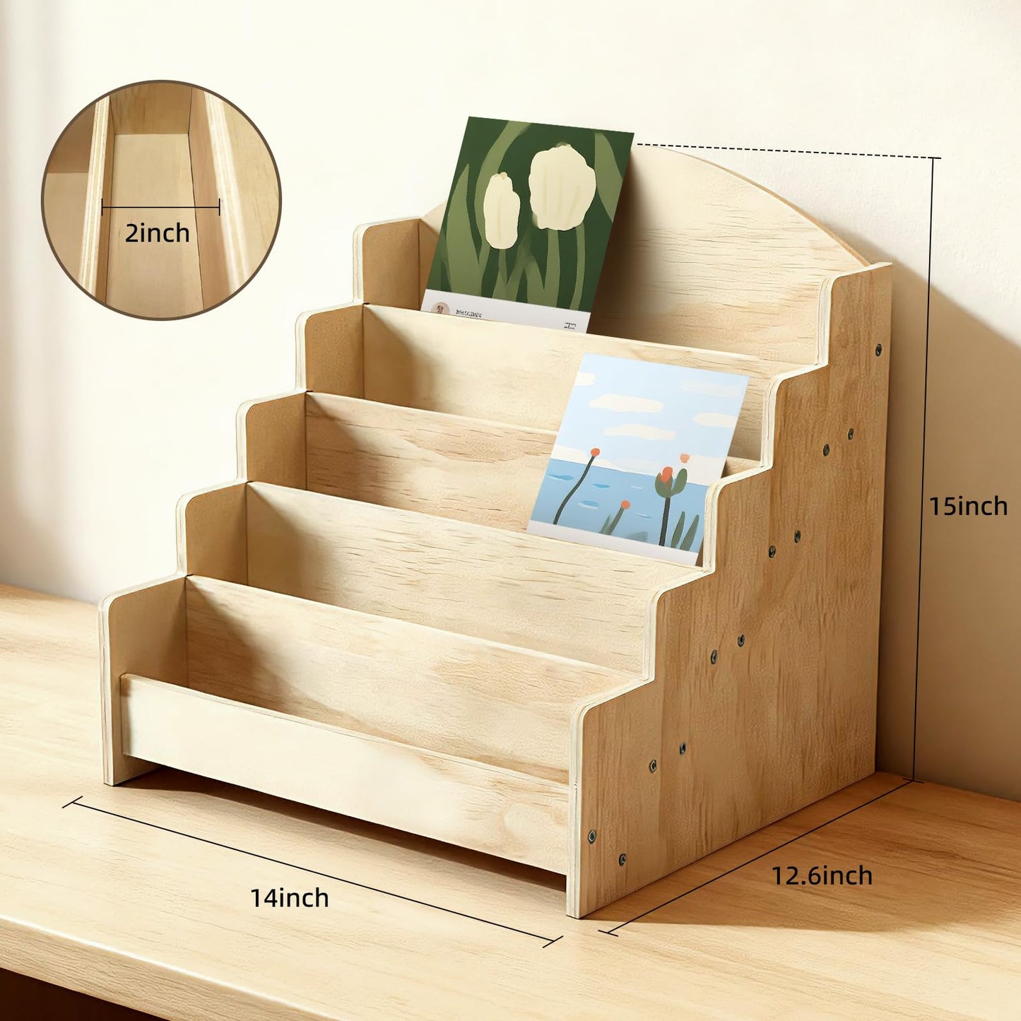 SPVIKISGO 5-Tier Greeting Card Display Stand, Wooden Rack Holder for Display Postcards, Cards, Brochure and Stickers, also for Vendors, Counter Retail