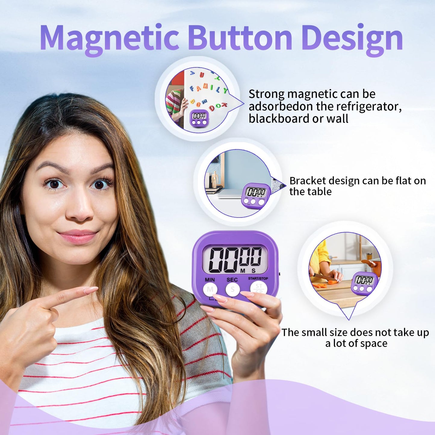 12 Pack Digital Kitchen Timer Magnetic Digital Timer with Big Display Loud Ring Cooking Timers for Kitchen Electronic Timer for Cooking, Bathing, Gym, Break Time, Classroom(12,White,Blue,Purple)