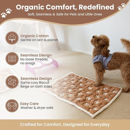 PetMat in Biscuit Beige | Organic Cotton Crate Pad for Small Dogs, Cats & Nursery | Seamless & Reversible | Washable | 3D Knit Comfort | 28x40 in Mat for Crates or Changing Tables