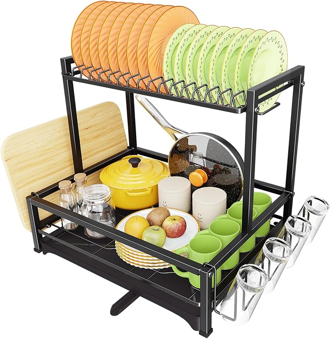 Simple Trending Dish Rack Over the Sink, Dish Drying Rack for Kitchen Counter, 2-Tier Stainless Steel Dish Drainer, Black