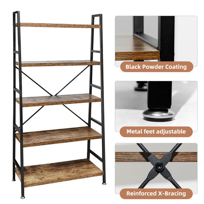 TooCust 5 Tier Ladder Bookshelf, Heavy Duty Rustic Brown Wood and Metal Bookcase with 1.2" Thick Shelves, 63" H x 30" W x 14" D, Industrial Open Storage Shelving for Living Room, Bedroom, Kitchen