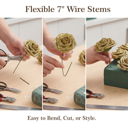 MACTING 30PCS Artificial Flowers Real Touch Foam Roses with Stem Fake Glitter Flowers for DIY Wedding Bouquet Table Centerpieces Party Holiday Wreath Home Graduation Decorations,Gold