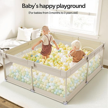 Fodoss Baby Playpen, 59×69in Beige Playpen for Babies and Toddlers, Play Pen for Apartment, Kids Activity Fence, Baby Playard with All-Side Mesh, Pull Rings