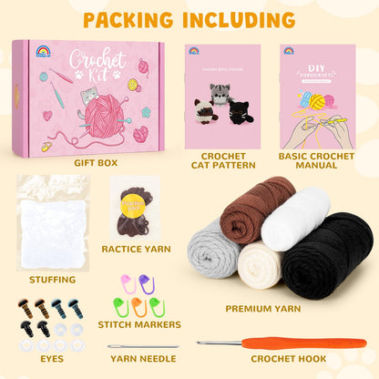 Fortuning's JDS Crochet Kit for Beginners, Cat Crochet Kit for Adults Beginner, Complete DIY Crochet Starter Kit with Step-by-Step Video Tutorials, Easy Knitting Kit Cat Crochet Gifts