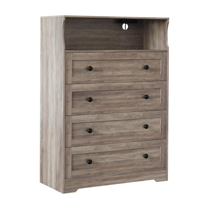 GarveeHome Tall Dressers with 4 Drawer Storage and LED Lights, Gray Wood Chest of Drawers with Charging Station for Bedroom, Living Room, Closet, Hallway, Wooden Nightstand Dresser for Bedside