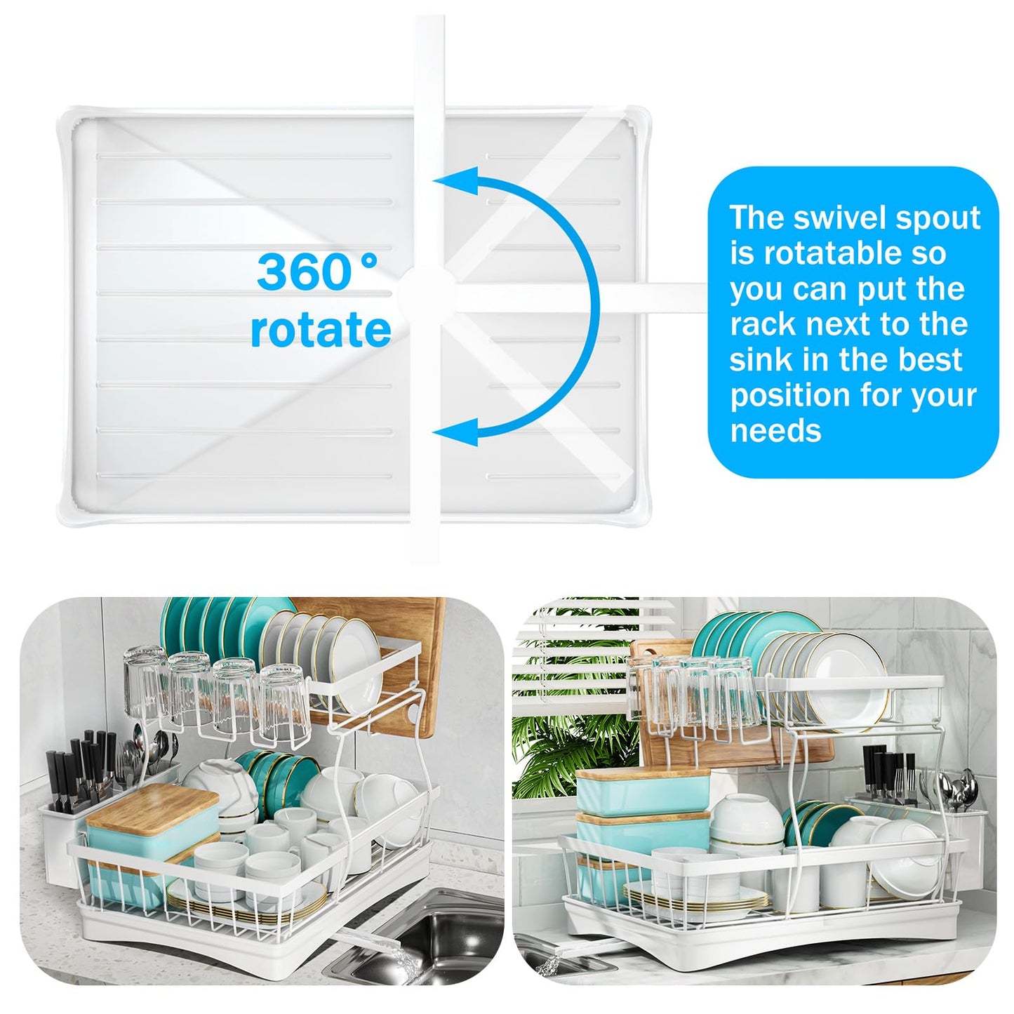 7 code Large Dish Drying Rack for Kitchen Counter, Detachable Large Capacity Dish Drainer Organizer, 2-Tier Dish Racks with Utensil Holder, Black