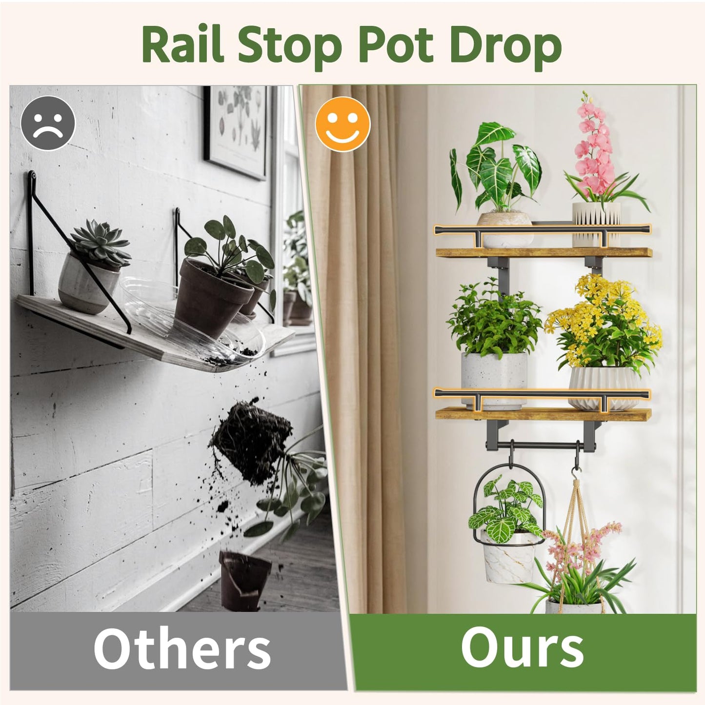 LASZOLA Floating Plant Shelves Holder Wall Mounted Indoor with Grow Lights, 2 Pack Plant Hangers Stand with 4 Hooks, Metal and Wood Flower Hanging Display for Living Room Kitchen Bathroom Decor, Brown