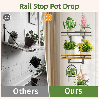 LASZOLA Floating Plant Shelves Holder Wall Mounted Indoor with Grow Lights, 2 Pack Plant Hangers Stand with 4 Hooks, Metal and Wood Flower Hanging Display for Living Room Kitchen Bathroom Decor, Brown