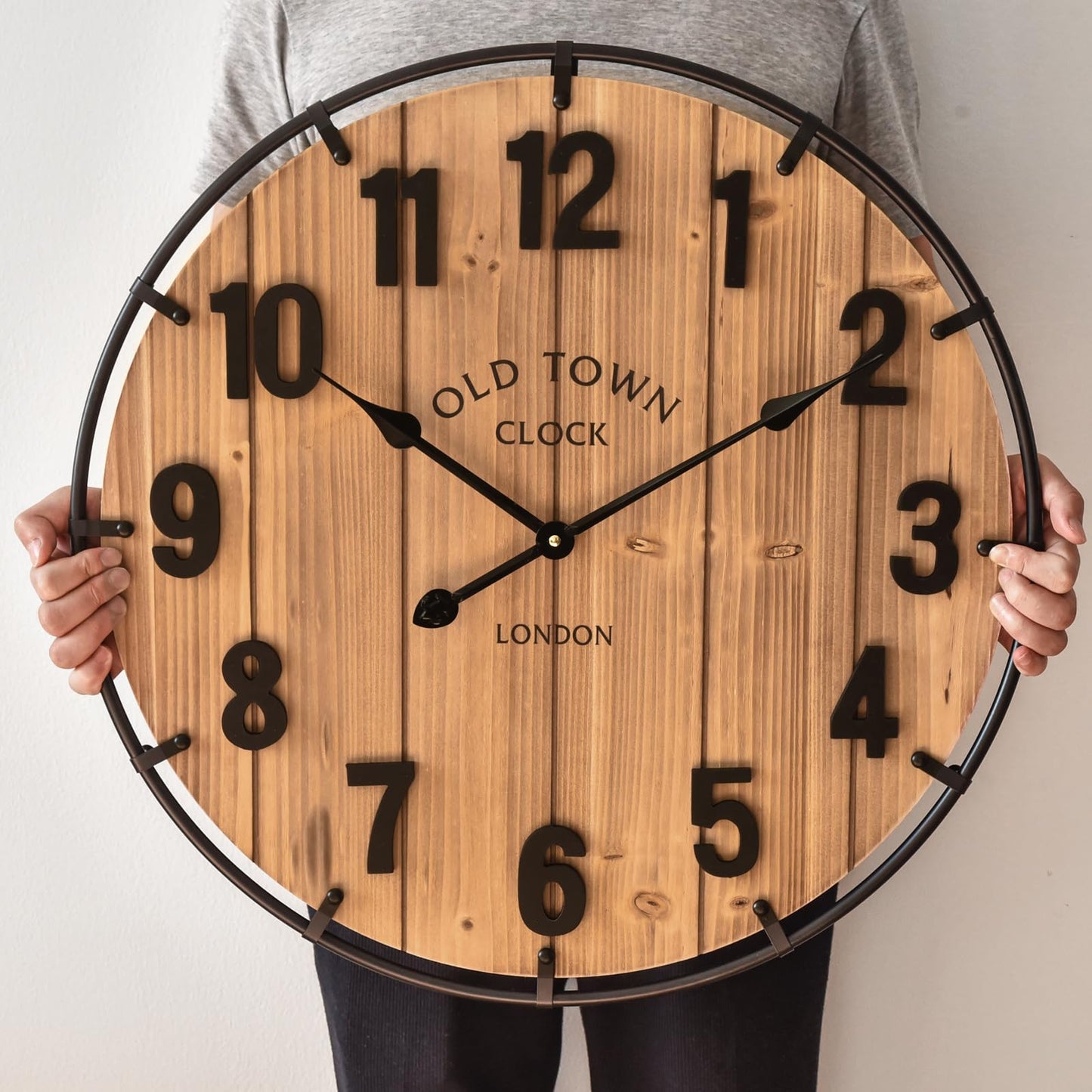 MICWIC 24 Inch Farmhouse Wall Clock Large Old Town Vintage Rustic Wooden Clock with Metal Rim and Large Numerals, Silent Battery-Operated for Office, Kitchen, Bedroom, and Living Room