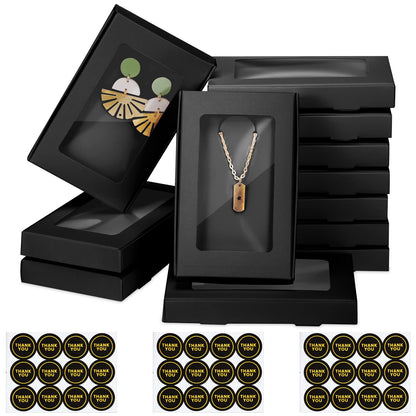 Crtiin 30 Pack Jewelry Gift Boxes Bulk with Thank You Stickers 5.4"x3.4"x0.7" Cardboard Small Gift Boxes for Jewelry Necklaces Earrings Bracelets Ring Packaging with Clear Window(Black)