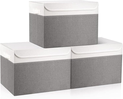 Bagnizer Large 17" 42 Quarts Collapsible Stackable Storage Bins with Lids [3-Pack] Foldable Fabric Linen Storage Boxes Cube, Closet Organizer Baskets with Label (16.7 x 12 x 12, Gray & White)