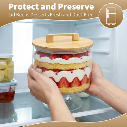 Piszvbej Trifle Bowl with Pedestal and Lid, Crystal Clear Glass, Wood Lid with Convenient Handle and Sealing Ring, for Laying Layered Dessert, Ice Cream and Cake, Ideal for Party Displays