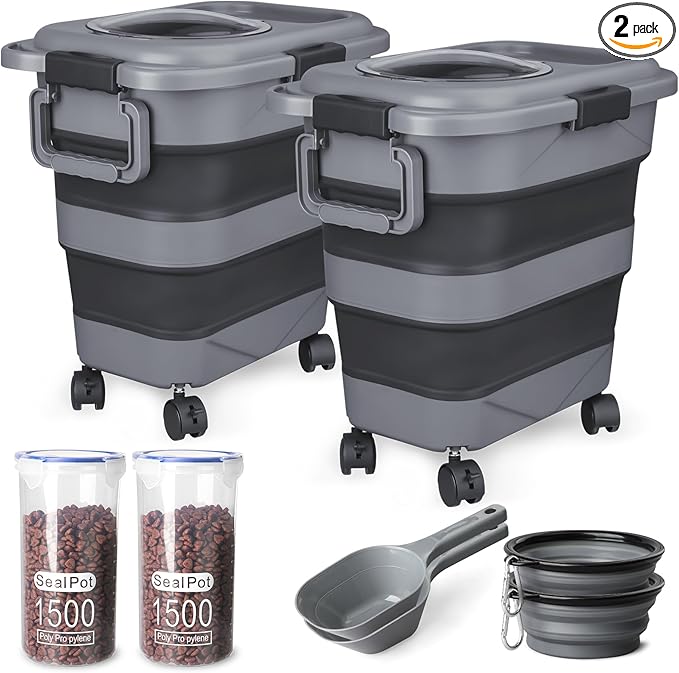 Dog Food Storage Container，2 Pack 25 lbs Airtight Collapsible Cat Food Storage