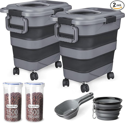 Dog Food Storage Container，2 Pack 25 lbs Airtight Collapsible Cat Food Storage