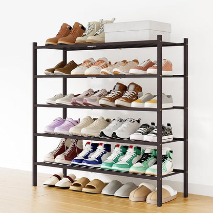 Smiry Long Bamboo Shoe Rack, 5 Tier Free Standing Wooden Shoe Organizer, Stackable Wood Shoe Storage Shelf for Closet, Entryway, 12 Vertical Slats, 2+2+1 Stack Standard Legs, 33.7"x11"x32.5", Brown