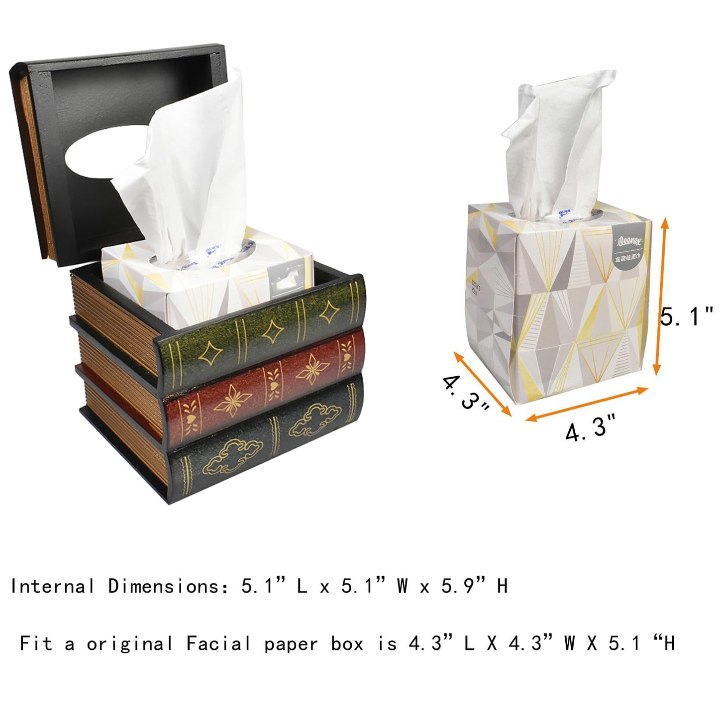Hand-Made Retro Wooden Antique Book Tissue Box Cover Square Tissue Holder Dispenser Paper Cover Case Napkin Holder Home Decor for Bathroom Living Room Office car Kitchen (Dark Green)