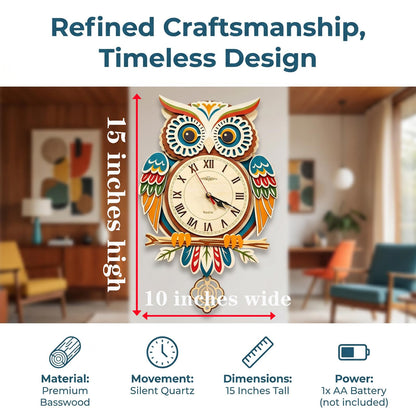 Wooden Owl Clock Puzzle—A 3D DIY Assembly kit for a Decorative wall Clock, Featuring Autumn Leaves and Bird Motifs, Perfect for Rustic Farmhouse-Style Decor in Kitchens and Living Rooms