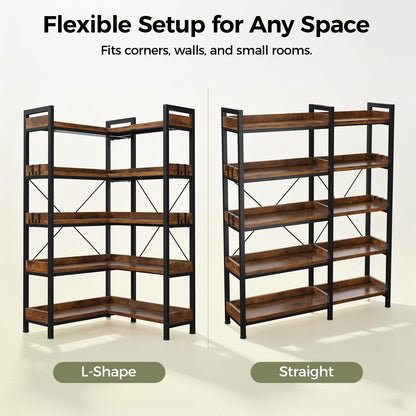 GTPLAYER 5-Tier Corner Bookshelf, L-Shaped Metal Frame Shelf with Tall 14" Shelves, Plant Stand and Storage Rack for Small Spaces, Living Room and Home Office, Brown