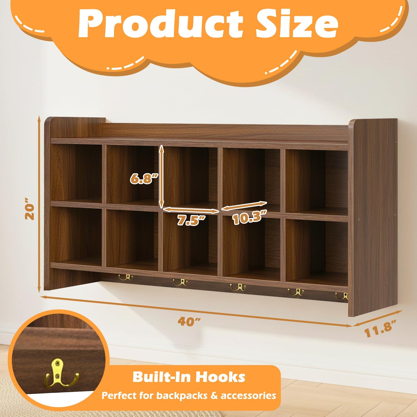 Verssure Wall Cubbies, 10 Cubby Storage Organizer with Coat Hooks, Cubbies for Classrooms,Wooden Cubby Shelf for Toys, Bags and Books, Used in School, Gym, Daycare Storge (Walnut)