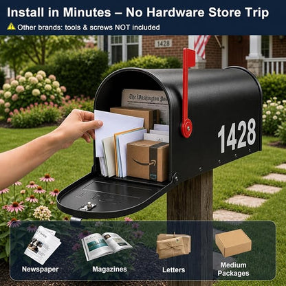 Mailbox for Outside,Metal Post Mount Outdoor MailBoxes - with Tools,Screws,Number Stickers,Red Flag Indicated,Medium Capacity,Galvanized Steel,Waterproof Mail Box for House Outside,20 x 8.7 x 6.7 ”