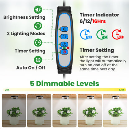Wiaxulay Grow Lights for Indoor Plants, 48 LEDs Full Spectrum LED Plant Grow Light, Under Cabinet Grow Lamp with Auto Timer 6/12/16 Hrs, 3 Lighting Mode, 5 Brightness Levels, One Head (3.5in)