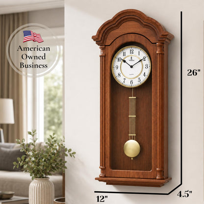Grandfather Wall Clock with Pendulum — Large Hanging Wooden Battery Operated Non-Chiming Clock 26 x 12 inch - Quiet, Solid Wood Clock for Living Room, Entryway & Home Décor