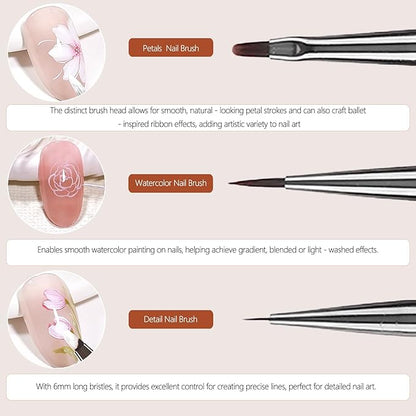 3Pcs Nail Art Brushes Set for Flower Petal Butterfly Drawing, 3D Gel Acrylic