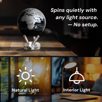 MOVA Globe - Jet Black and Silver Signature (6") | Solar-Powered Rotating Desk Globe with Minimalist Map Design | No Batteries or Cords | Modern Decor Gift