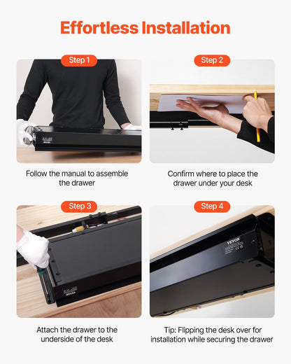 VEVOR Under Desk Drawer Slide Out, 33inch Under Desk Mounted Pull-out Drawer Attachment, Hidden Under Counter Drawers for office Home Sit Stand Workstation, Black