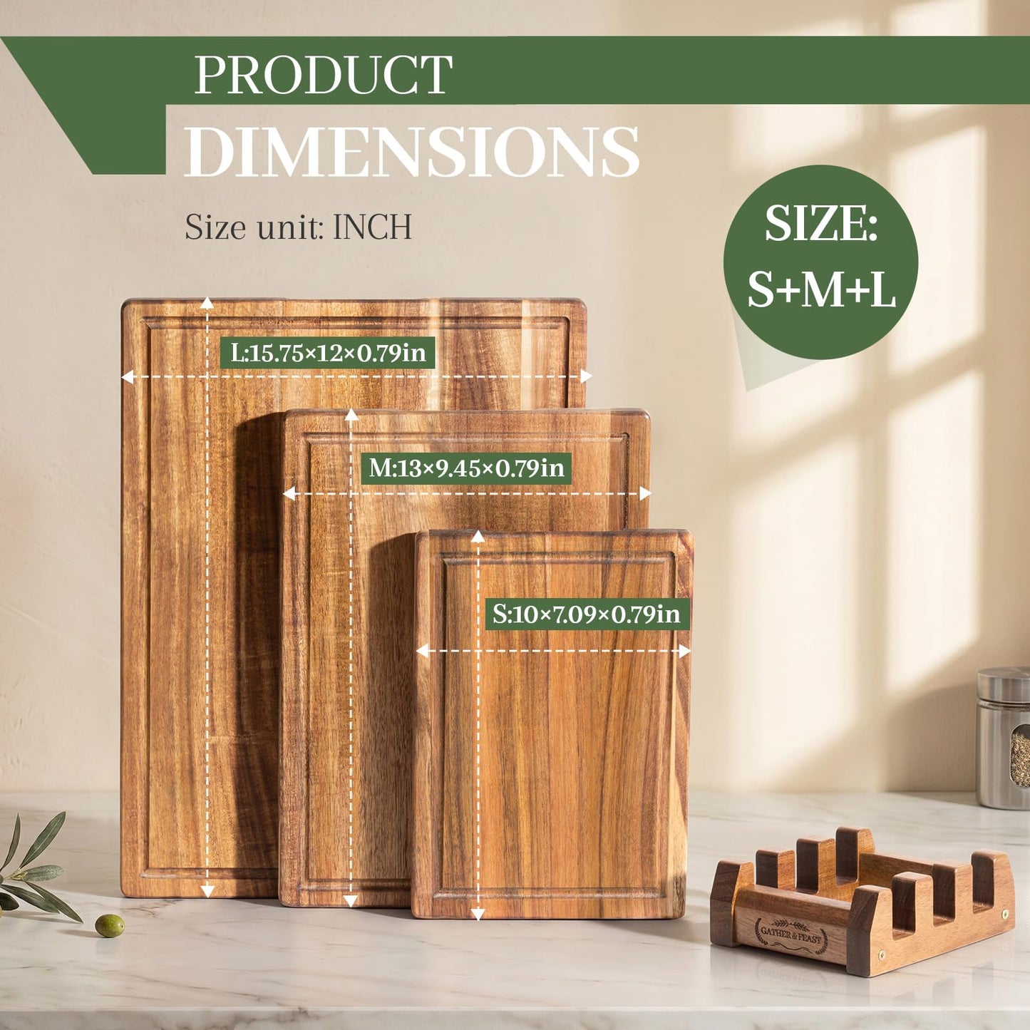 Cutting Boards for Kitchen with Wood Storage Stand Chopping Board Acacia Wood Cutting Board Juice Groove Easy-Grip Handles,Serving Tray for Charcuterie Meat Vegetables(Multi-Size Set | 3 Pack)
