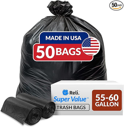 Reli. 55-60 Gallon Trash Bags Heavy Duty | 50 Bags | 50-60 Gallon | Large Black