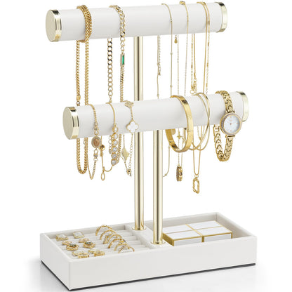 VLANDO 2 Tier Bracelet Holder with Tray - Leather Jewelry Stand Organizer for Women - Necklace Holder Display for Necklace, Watches, Rings, Earrings, Bangle, Scrunchie - White