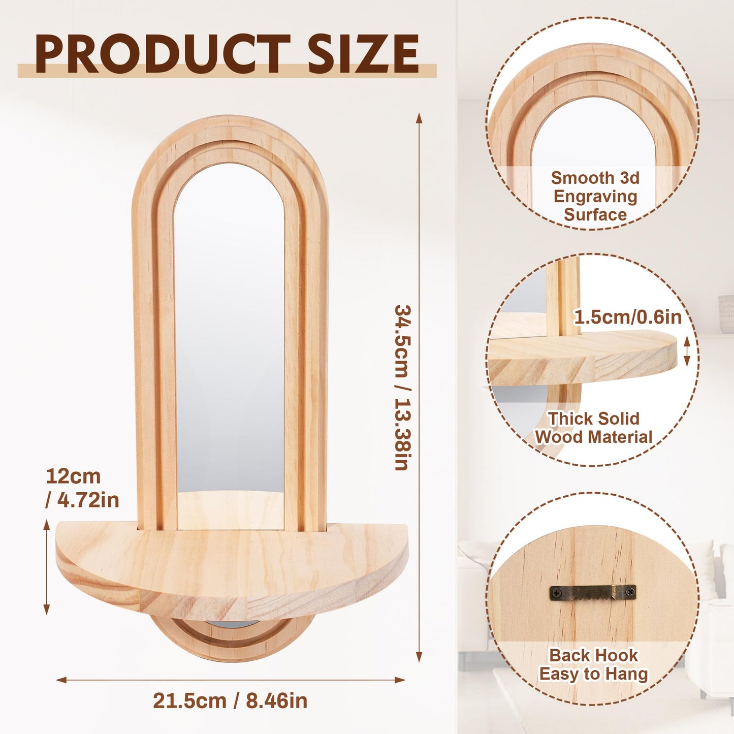 WUTAOBON Wooden Wall Floating Shelves, 2PC Boho Arched Wall Shelf,Decorative Mounted Display Shelf with Acrylic Frameless Mirror, Nature Wood Shelves for Home Holding Planter Decoration