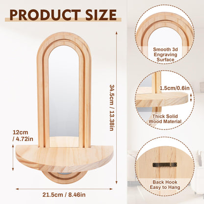 WUTAOBON Wooden Wall Floating Shelves, 2PC Boho Arched Wall Shelf,Decorative Mounted Display Shelf with Acrylic Frameless Mirror, Nature Wood Shelves for Home Holding Planter Decoration