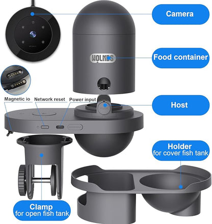 Automatic Fish Feeder with 2.5K Camera,WiFi/App Control,Moisture-Proof Vacation Food Dispenser|2.4G&5G Precision Feed System,Visual Monitor for Aquariums,Turtle Pens,Betta Tanks (Dark Grey)