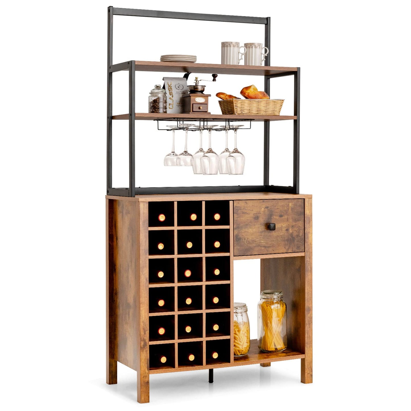 Giantex Wine Cabinet 18 Bottles, Buffet Hutch with Storage Drawer, Wooden Sideboard Wine Rack, Metal Spice Bakers Rack with Glass Holder, Kitchen Microwave Stand Living Room (Rustic Brown)