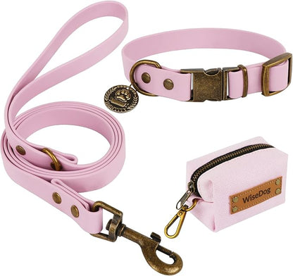 Wisedog Waterproof Dog Collar and Leash Set, XL, Pale Pinkish Purple | Adjustable Puppy Collar, Cute Tag, 6FT Dog Leash, Includes Poop Bag, For Small Medium Large Dogs