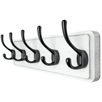 Dseap Coat Rack Wall: Patented, Heavy-Duty, 17.4" Long 5-Double-Hooks Wooden Wall Mounted Coat Rack Coat Hanger Hook Rail for Winter Coats Hat Jacket Clothing, White & Black