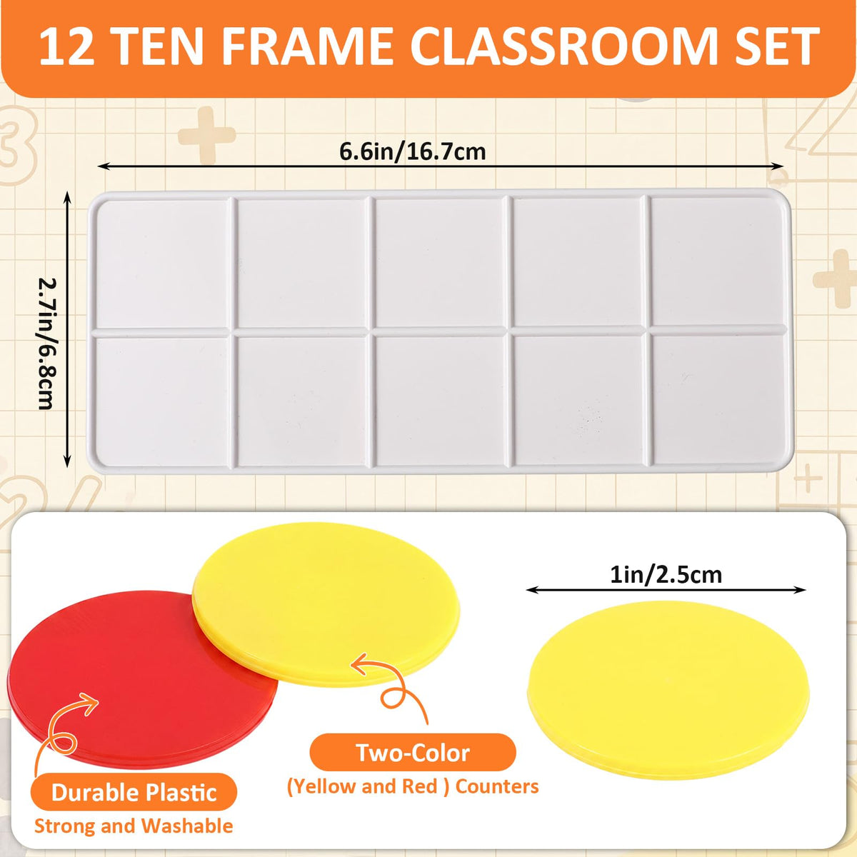 Soulchen 12 Sets Plastic Ten Frames for Classroom Math Manipulatives for Kids Classroom Math Counters Supplies Including 12 Plastic Ten Frames, 120 Counters for Teach Number Concepts (Red, Yellow)