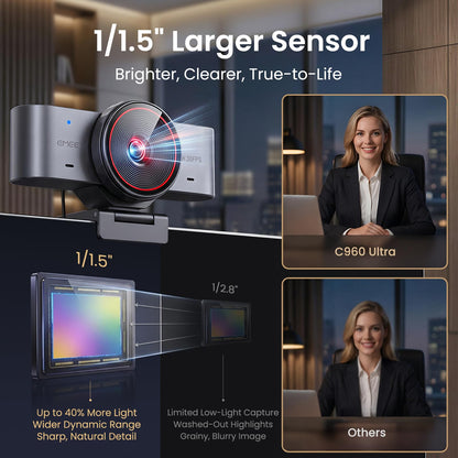 EMEET C960 Ultra 4K Webcam for Mac & PC, 1/1.5" Large Sensor, Metal Body, 0.2s Autofocus, DRC, Whiteboard Mode, Built-in Privacy Cover, 2 Mics, USB Webcam 4K for Meetings, Streaming & Content Creation