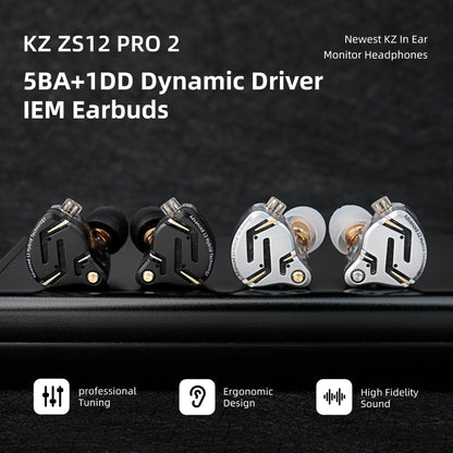 KZ ZS12 PRO 2 in Ear Monitor,1DD+5BA Hybrid Wired Earbud,IEM Earphones,Gaming Earbuds,HiFi Deep DASS IEM for Gaming,KZ Earbuds with 2PIN Cable for Audiophile (with Microphone, Silver)