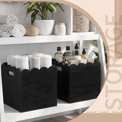 LemonRoad 2 Pcs 11 Inch Wooden Storage Bins with Scalloped Edge Stackable Wooden Storage Cubes Black Decorative Wood Crates for Book Shelves Vinyl Records, Pantry Closet Toys, Easy Assembly