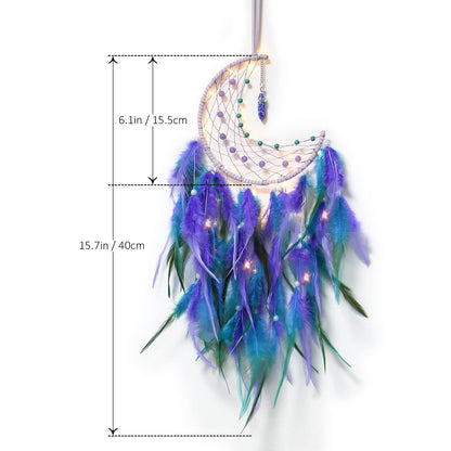 Dremisland Moon Dream Catcher with Fairy Lights-Handmade Feather Lucky Turquoise Pendant Beads Wall Hanging Ornament for Kids Bedroom Home Decoration,Art Craft Gift. (Blue&Purple)