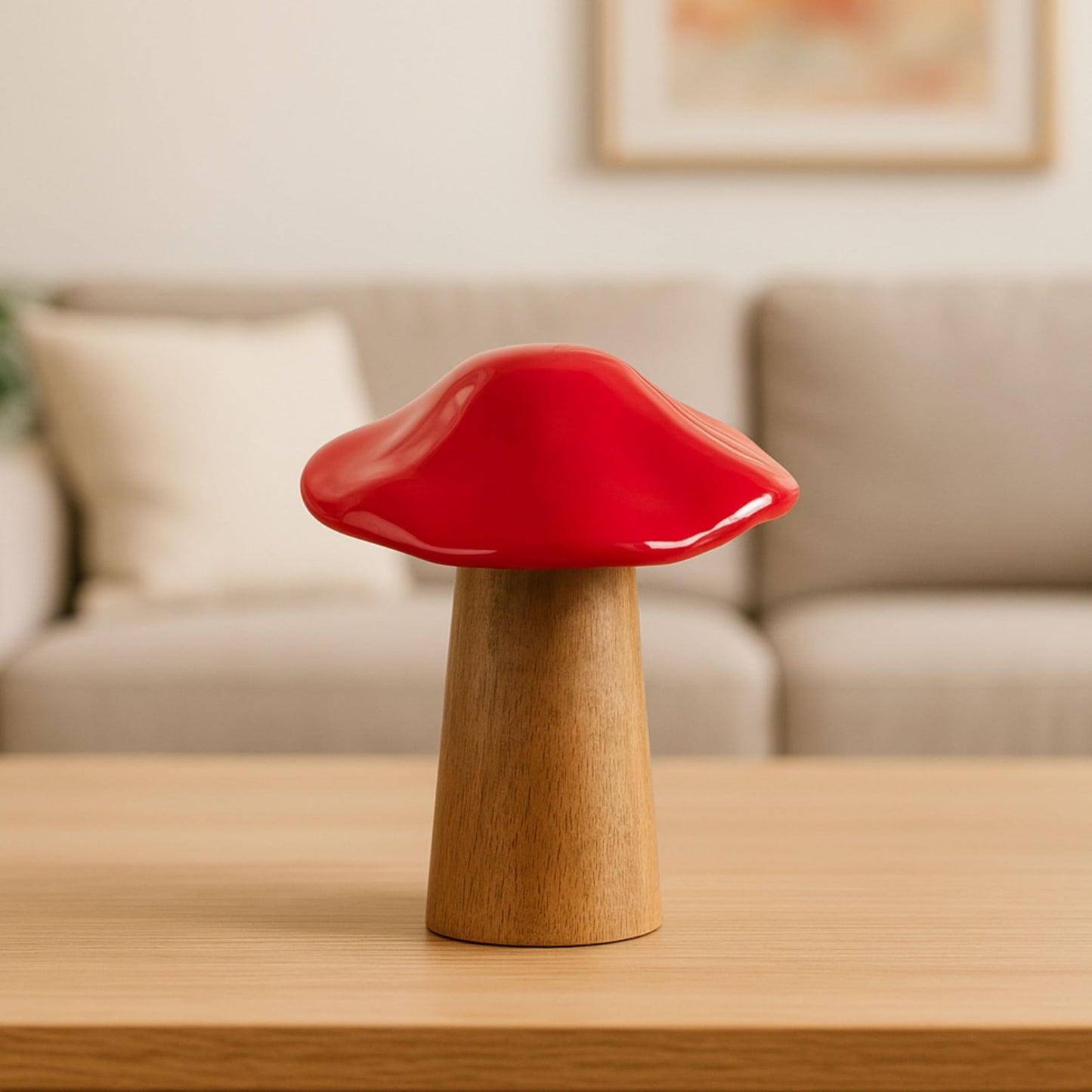 Wooden Mushroom Figurine Sculpture – Artful Accent for Room Decor and Boho Home Decor, for Shelf, Desk, or Tabletop Display, with Playful Nature-Inspired Design Detail – 6", Rustic Wood and Red