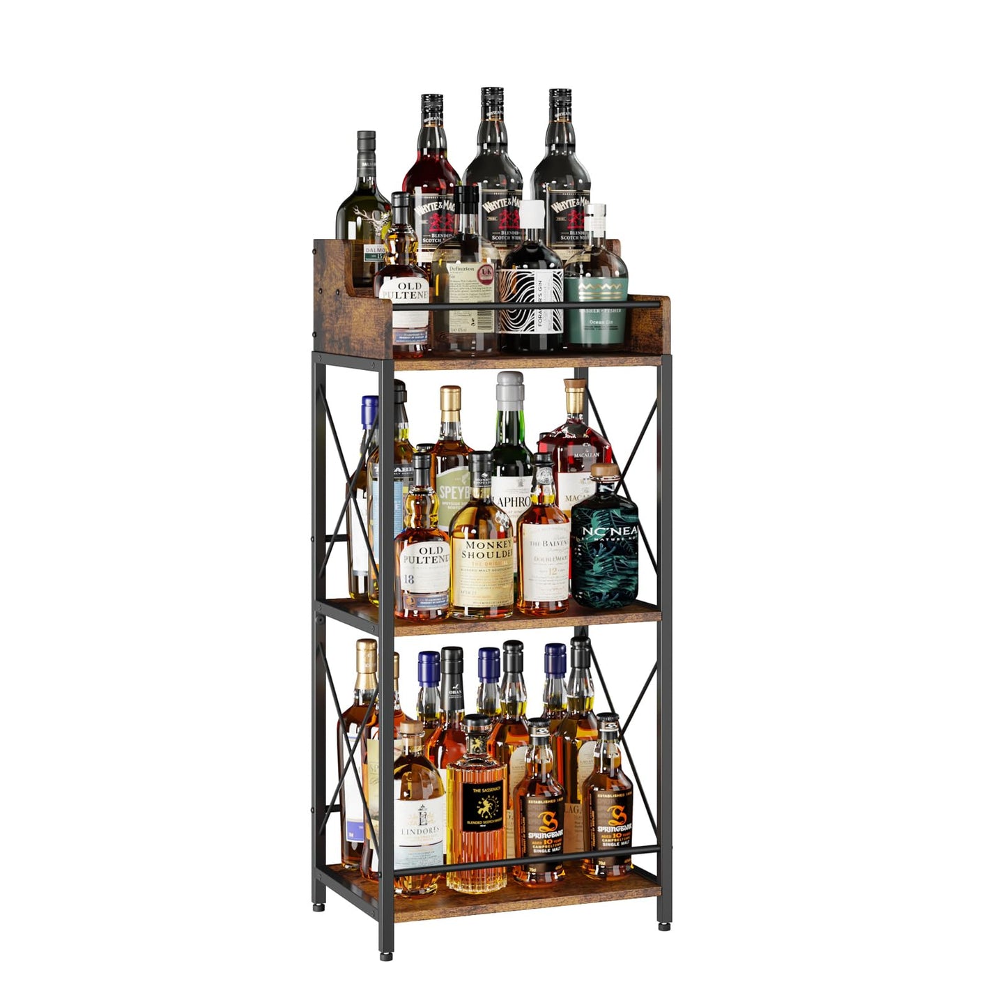 KLM Liquor Bottle Display Shelf, Coffee Syrup Rack Organizer, 3 Step Countertop Wine Rack, Mini Bar, Retro Bar Shelf Stand for Whiskey, Spirits.(Brown)